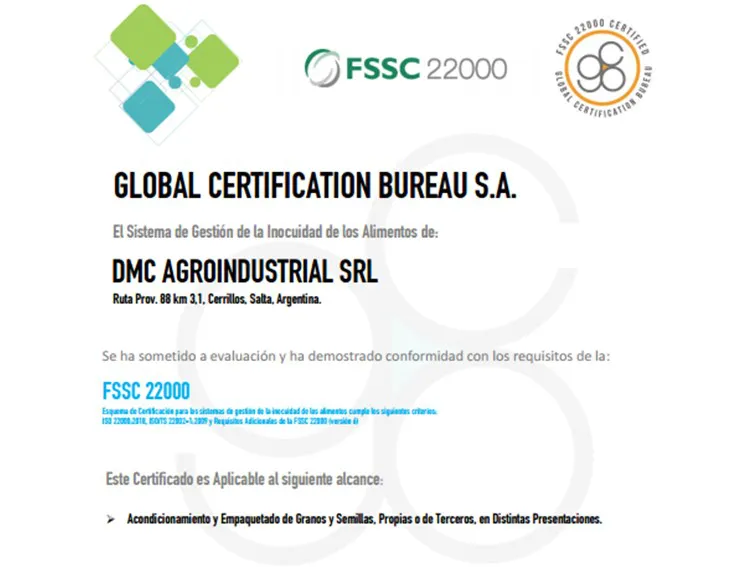 DMC Agroindustrial certificó FSSC 22000 y ahora puede vender a todo el mundo